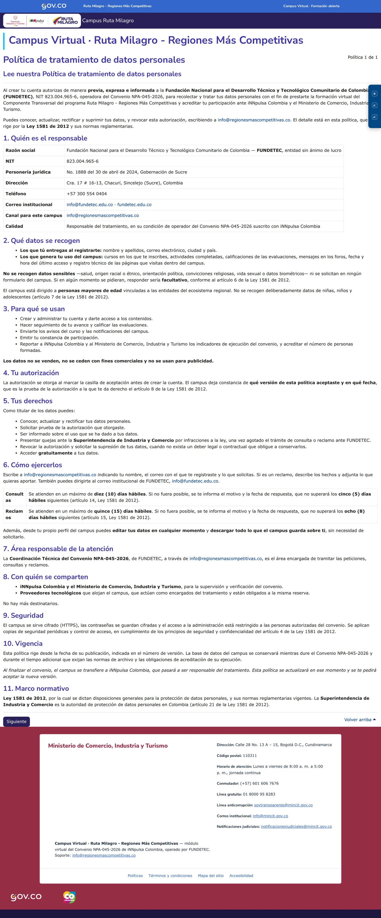 Política de tratamiento de datos, previa al registro