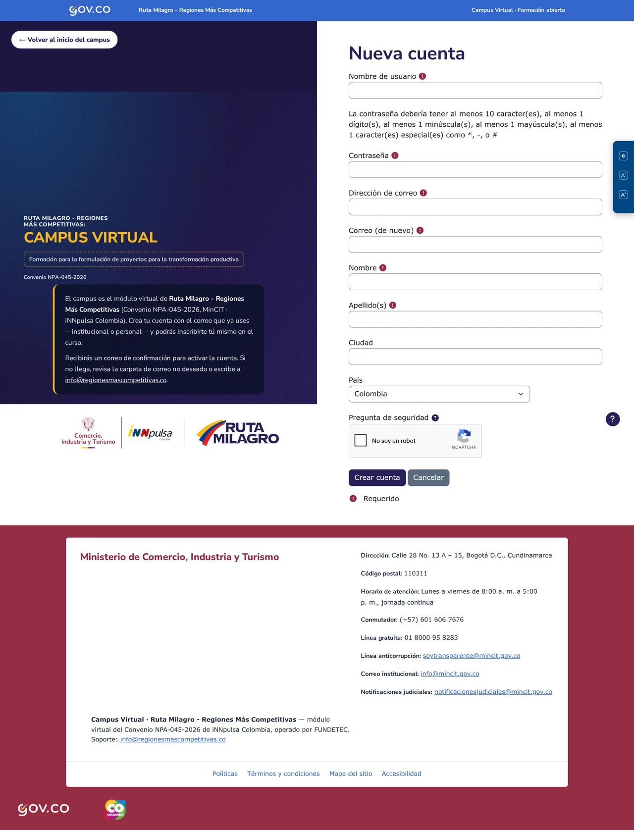 Formulario de creación de cuenta