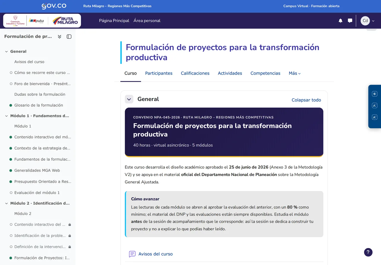 Página de inicio del curso